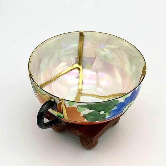 Retro Floral Teacup Kintsugi Eggshell Gold Crack Vtg MCM Japanese Growth Gift - Picture 12 of 16